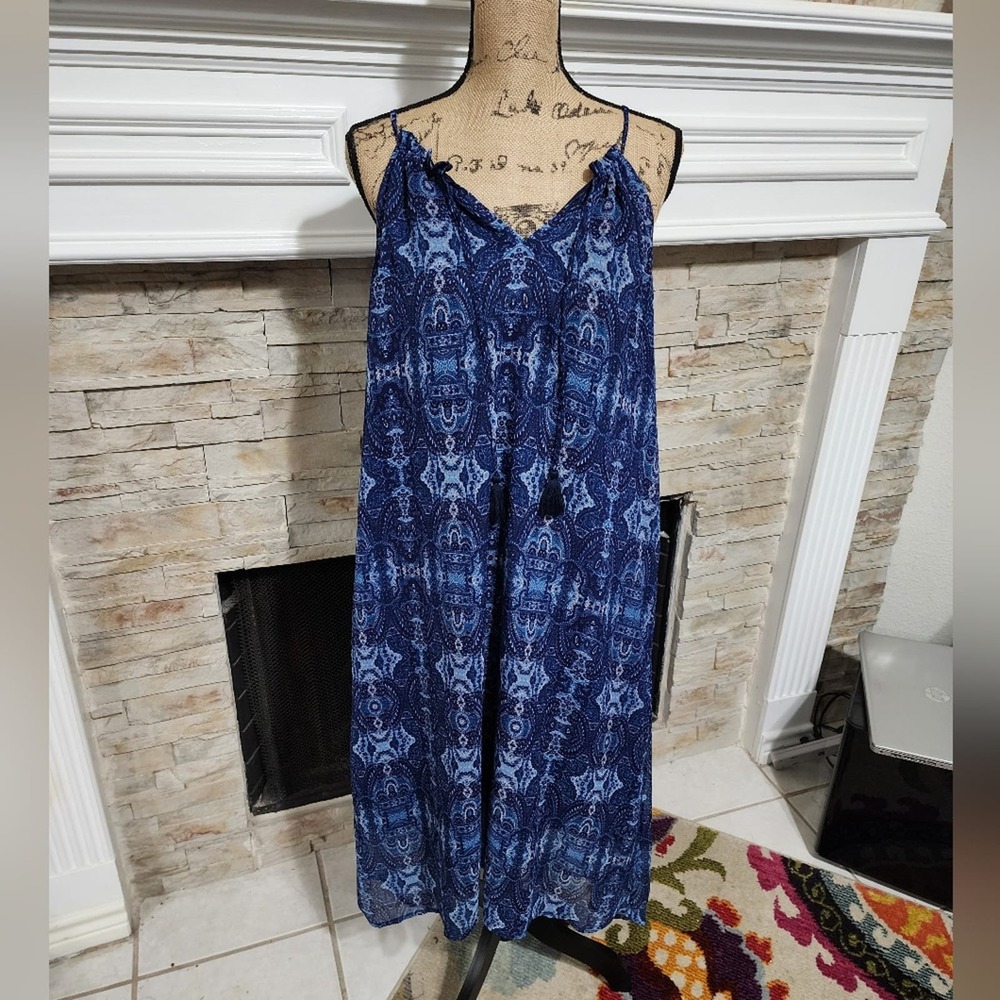 Lucky brand batik peasant blue paisley boho midi dress size medium